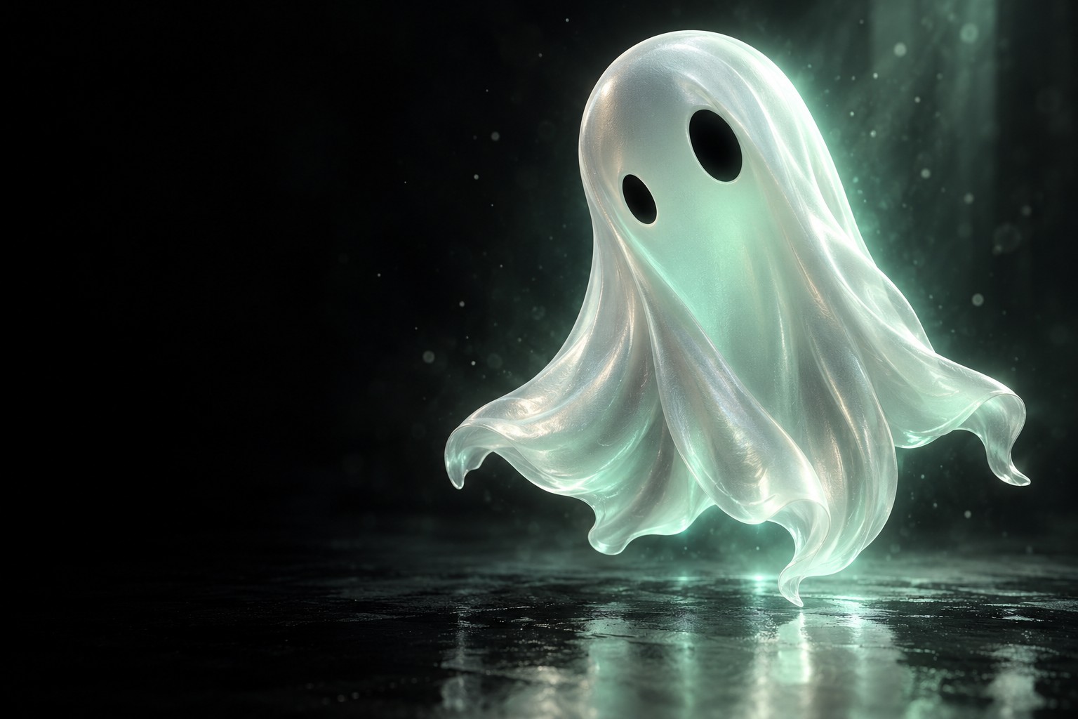 A pearly translucent ghost floats alone, softly glowing in the dark.