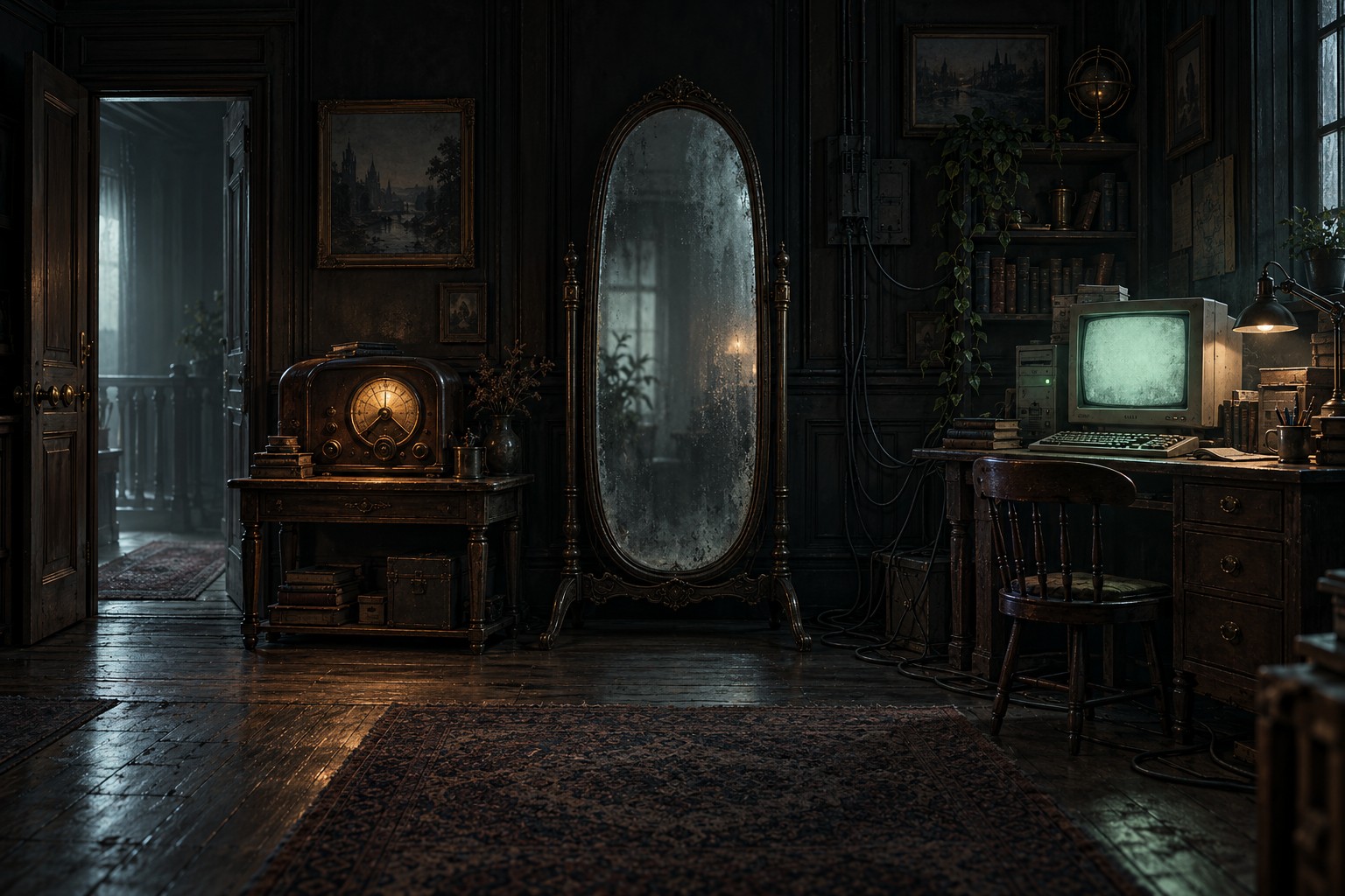 A quiet abandoned room: radio on the left, mirror in the middle, computer on the right.